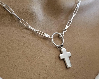 16" Chunky Cross Necklace, Sterling Silver Chunky Cross with Paperclip Chain, Silver Chunky Cross Pendant