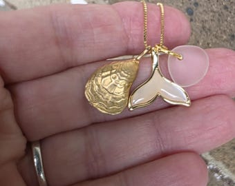 Genuine Sea Glass Necklace, Gold Vermeil Oyster Shell Pendant and Whale Tail Charm, Coastal Cluster Jewelry, Beach Lover Gift