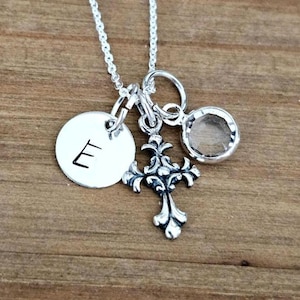 Confirmation Gift- Sterling Silver Cross Necklace with Personalized Initial Charm and Birthstone- Personalized Cross Necklace