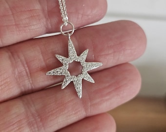 North Star Necklace, Sterling Silver Starburst Pendant, Celestial Star Jewelry, Silver CZ Diamond Star Necklace