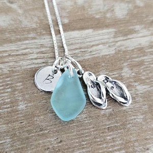 Flip Flop Sandal Necklace, with Sea Glass and Initial Charm, Personalized Beach Jewelry Gift