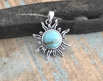 Sterling Silver Turquoise Sun Pendant 20mm, Oxidized Celestial Medallion