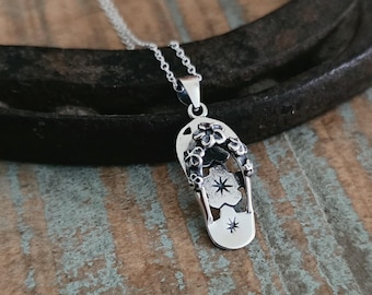 Sterling Silver Floral Flip Flop Necklace, Plumeria Sandal Charm, Beach Necklace Gift