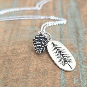 Pine Tree Necklace with Silver Pinecone, Sterling Silver Pine Tree Necklace, Sterling Silver Evergreen Tree, Nature Necklace