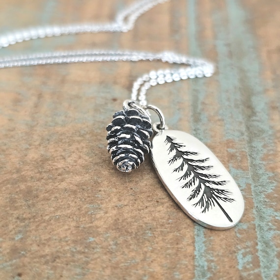 Sterling Silver Pine Tree Necklace with Pinecone Charm
