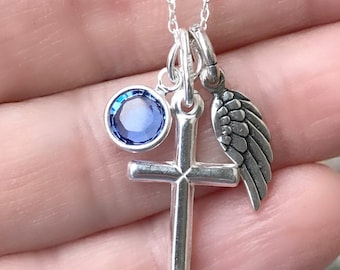 Cross Necklace with Angel Wing Charm, Personalized Birthstone Necklace, Memorial Sympathy Jewelry