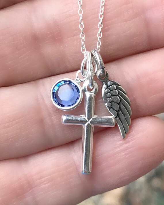 Cross Necklace with Birthstone Charm Sterling Silver Cross Necklace with Birthstone Charm Sterling Silver
