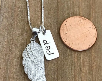 Sterling Silver Angel Wing Necklace: CZ Dad Memorial Pendant