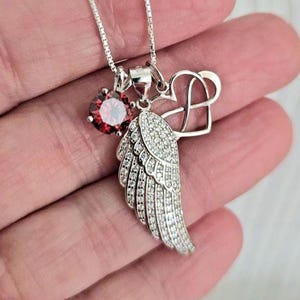 Sterling Silver Angel Wing Necklace: Infinity Heart, Birthstone Memorial