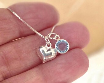 Heart Charm Birthstone Necklace, Sterling Silver Personalized Necklace