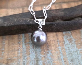 Sterling Silver Paperclip Chain, Grey Bubble Pearl Pendant Necklace