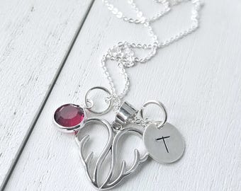 Sterling Silver Angel Wing Necklace, Personalized Birthstone charm, Initial Disk Memorial Gift