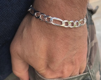 8 inch Sterling Silver Figaro 11mm chuncky wide Link Bracelet