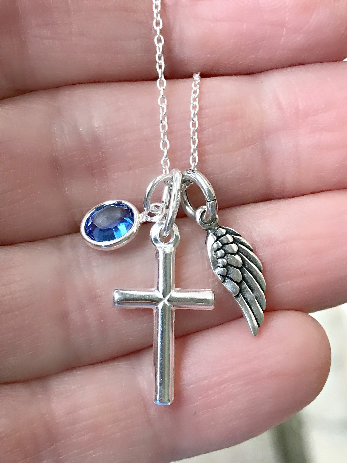 Cross Necklace with Angel Wing Charm Personalized Birthstone Etsy