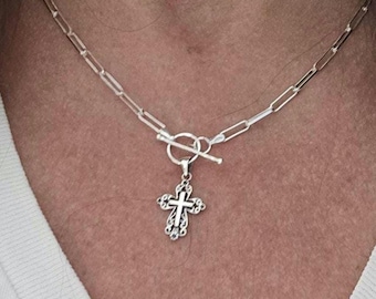 Sterling Silver Fancy Cross Necklace, Toggle Clasp, Paper Clip Chain