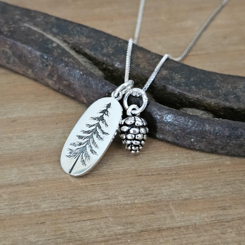 Sterling Silver Pine Tree Necklace with Pinecone Charm image 2