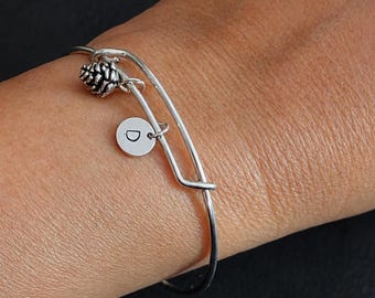 Sterling Silver Pinecone Charm Bangle Bracelet, Personalized Initial Disk, Adjustable bangle