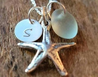 Sterling Silver Starfish Necklace: Personalized Initial, Sea Glass Charm