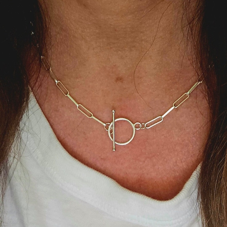 May include: A silver chain necklace with a toggle clasp. The chain is made of small, rectangular links.