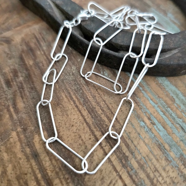 Paperclip Chain Necklace, 925 Sterling Silver, Chunky, Long Link Chain Necklace, Adjustable Length
