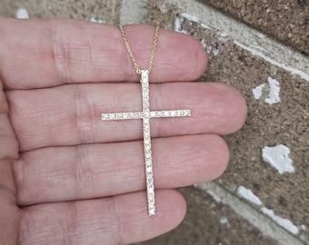 Long Simulated Diamond Cross Necklace, Thin Cross Necklace, 18k Gold Filled, Cross Pendant Chain Necklace Gift for Her Women's Ladies