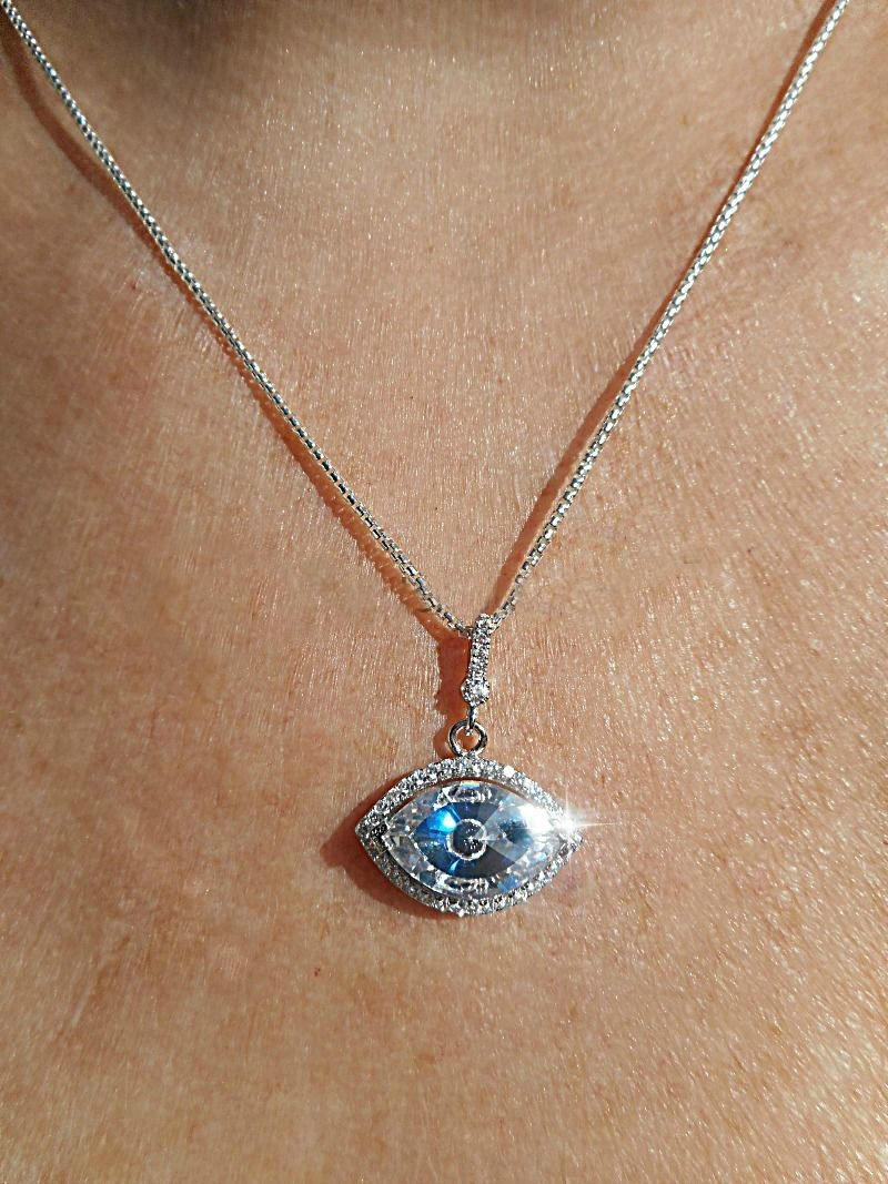 Evil Eye Pearl Sterling Silver White Blue CZ Pendant Necklace Lucky Gift Her 