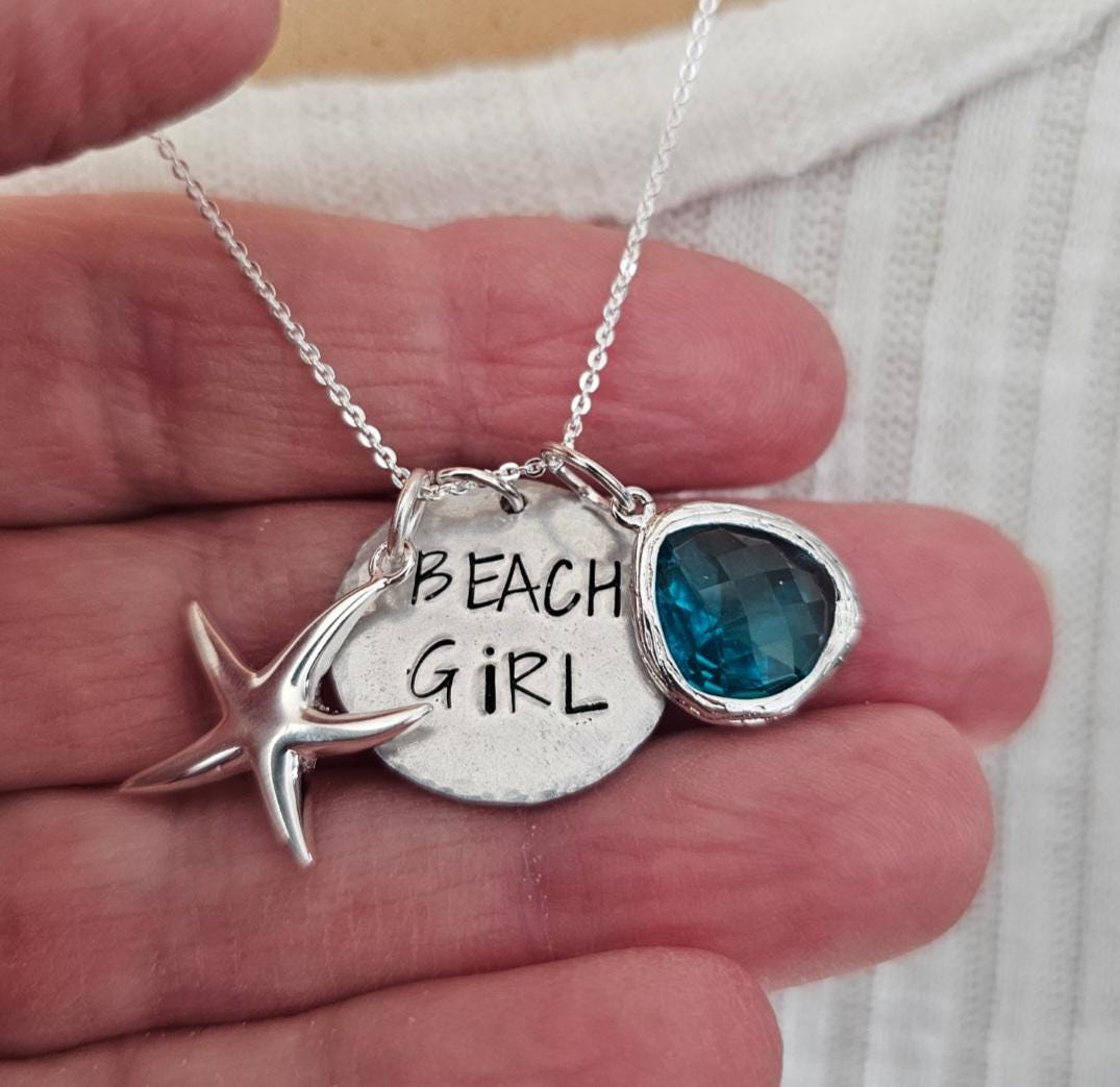 Beach Girl, Sterling Silver Starfish, Turquoise Blue Bezel Glass
