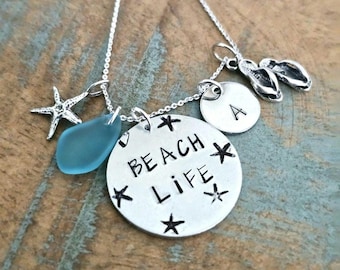 Sterling Silver Beach Necklace: Sea Glass, Starfish, Initial Charm