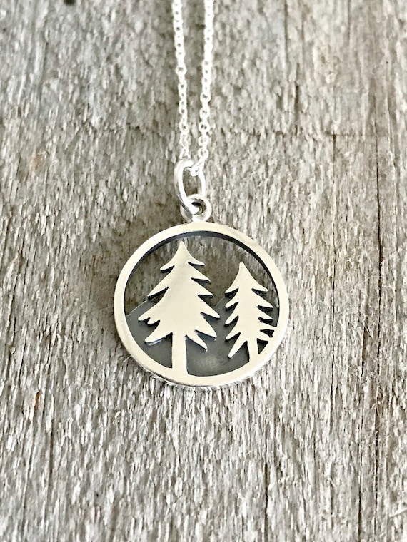 Trees with Mountains Necklace 925 Sterling Silver Tree Charm Outdoors Forest NEW