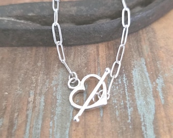 Heart Toggle Necklace, Sterling Silver Paperclip Chain, Valentine Gift