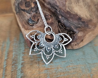 Sterling Silver Mandala Flower Necklace: Boho Yoga Jewelry