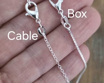 Sterling Silver Cable or Box Chain Necklace, 1mm Dainty .925