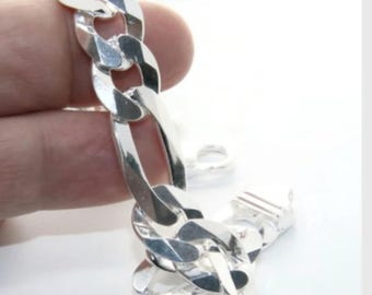 ITALY 925 Solid Sterling Silver 13mm FIGARO Chain Bracelet 8 inch