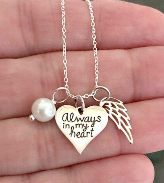 Memorial Necklace Always in My Heart Pendant Angel Wing Charm