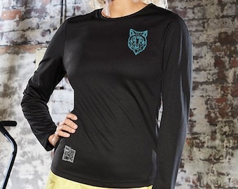 Embroidered wolf long sleeve sports top, performance - technical, active wear Wolfride®