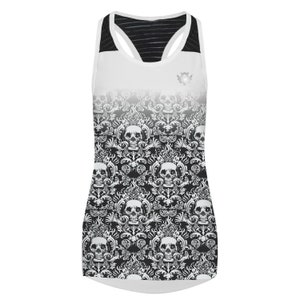 Women&#39;s sports gym vest, racer back - running, skull print - alternative white