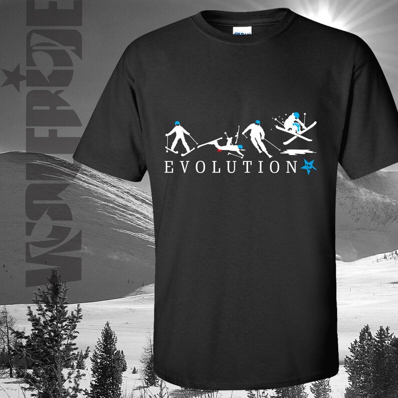 Evolution of Skiing, ski t-shirt, great quality 100% cotton tee, with funny ski progression print image 1