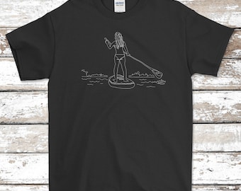 Embroidered SUP, stand up paddle board t-shirt, line art, 100% cotton