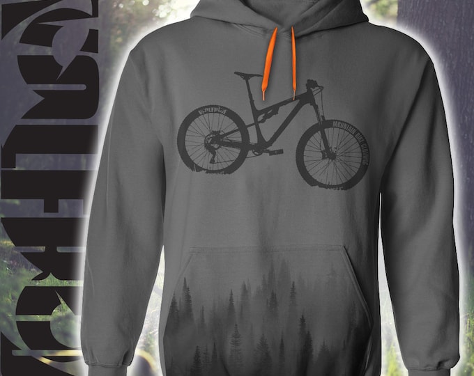 Mountain Bike Hoodie, Forest Print Pocket, Orange Laces