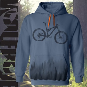 Mountain bike print hooded top with forest print on the pocket, orange laces - MTB hoodie, downhill