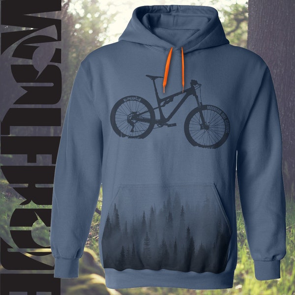 Mountain bike print hooded top with forest print on the pocket, orange laces - MTB hoodie, downhill