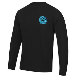 May include: Black long-sleeved shirt with a blue graphic of a mountain bike with the text "Wolfride" underneath.