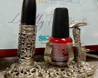 Porta rossetto in ottone vintage e set per manicure