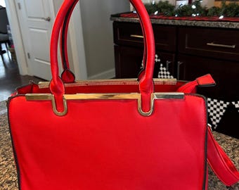 Red Faux Leather Gold Accent Large Tote with Detachable Strap