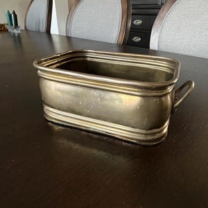 May include: A rectangular silver-toned metal planter with a handle on each end. The planter has a slightly aged appearance and sits on a dark wooden table. The design is simple and classic, suitable for various plants or decorative purposes.
