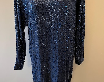 Navy Blue Sequin Vintage Long Sleeve Dress Size 6
