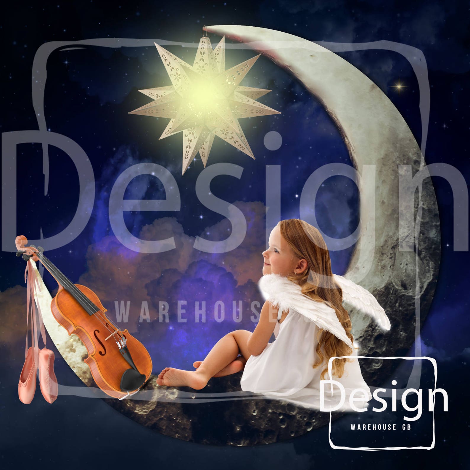 set of 2 crescent girl photography digital props backdrop crescent moon sky violin ballet shoes digital composite téléchargement