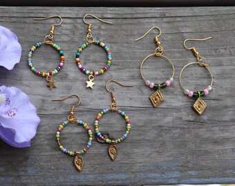 Creole earring - seed beads - Tibetan charm