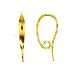 May include: Gold-toned metal earring hook with a 2.5 mm width and 23 mm length. The hook is shaped like a loop with a small curl at the end.