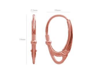 May include: Rose gold hoop earrings. The earrings are 18mm in length, 10mm in width, and 2.2mm thick. The design features a small ball and a decorative element near the clasp.